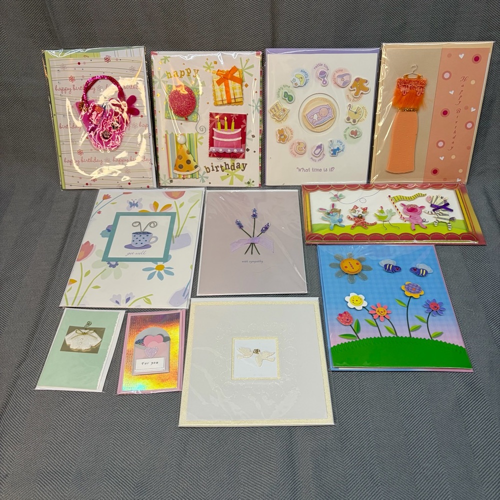 Bundle of 11 variety cards including birthday get well sympathy wedding baby 3-D